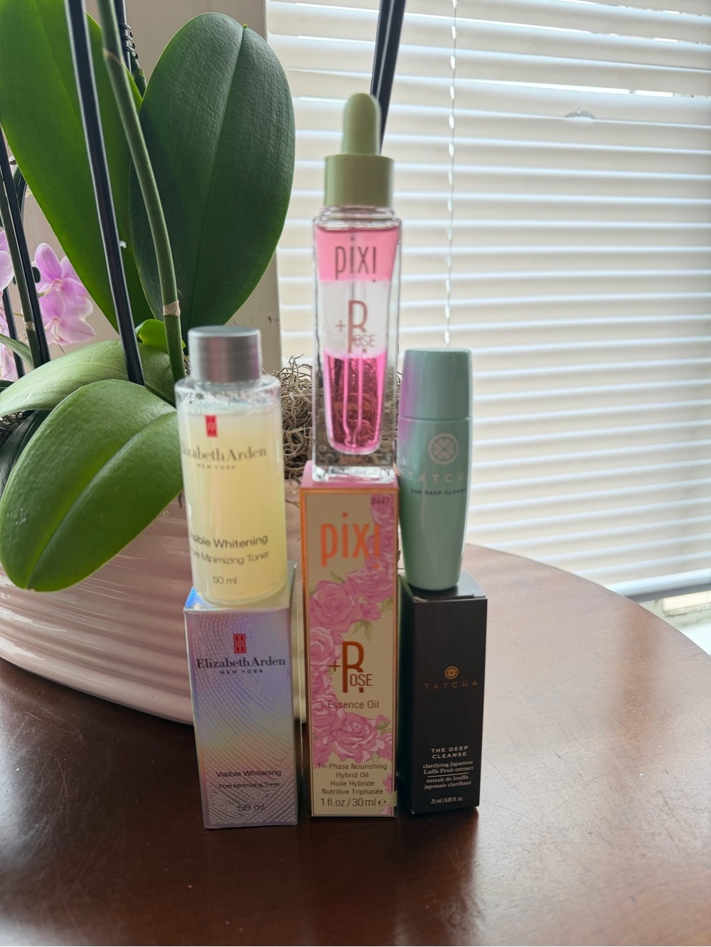 Pixi Rose Oil + Elizabeth Arden Toner & Tatcha Cleanser Set - Pink, Gold, Mint
